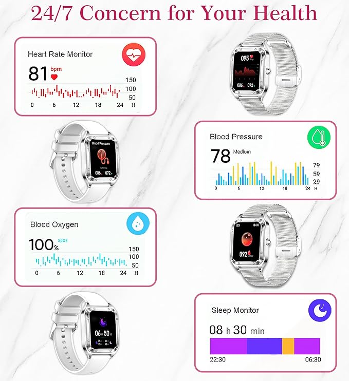 Smart Watch for Women(Call Answer/Dial), 1.6'' Touch Screen Smartwatch for Android iPhone Compatible, Waterproof Fitness Tracker with Heart Rate Sleep Monitor 100+ Sports Modes AI Voice, Silver