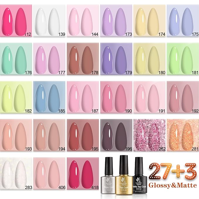 Lavender Violets 30pcs Gel Nail Polish Set 27 Shiny Candy Colors with Base and Glossy & Matte Top Coat for Home Nail Art Design DIY Gift Set C974