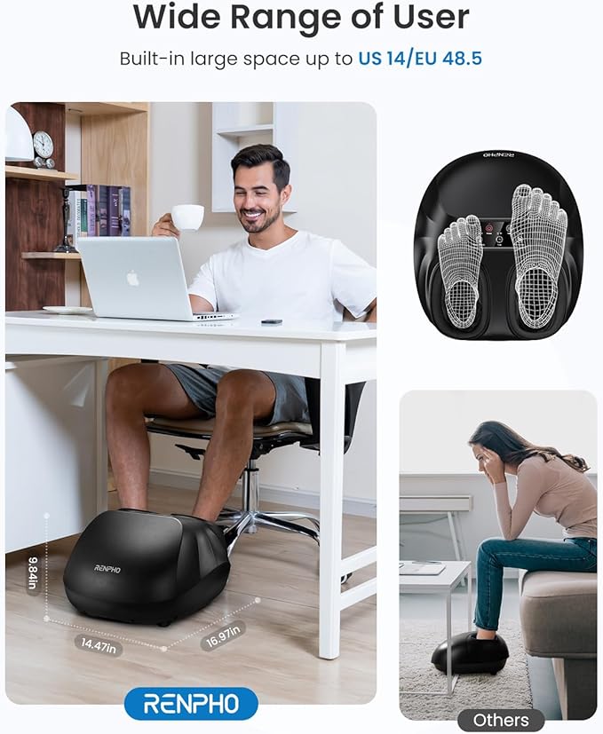 RENPHO Foot Massager Machine with Heat [2025 Upgraded], Shiatsu Foot Massager for Plantar Fasciitis, Birthday Gifts for Women, Wireless Control, Up to Size 14, BK