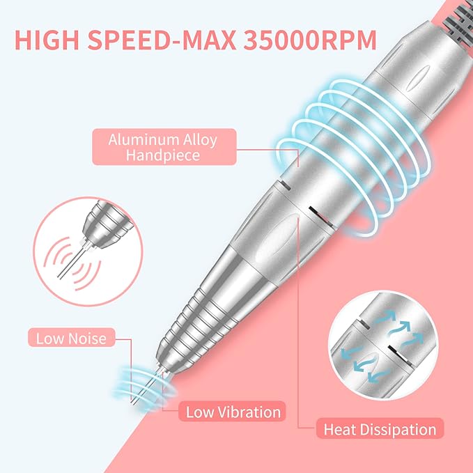 Portable Nail Drill Professional 35000 RPM, MOCOWIND Rechargeable Electric Nail File Machine E File for Acrylic Gel Polishing Removing, Cordless E-File with Bits Kit for Manicure Salon Home, White