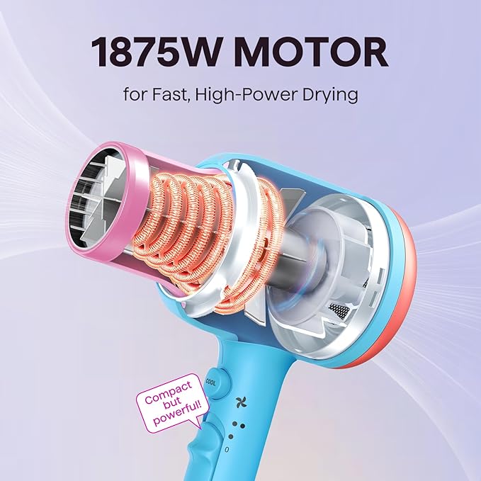 Wavytalk Hair Dryer with Diffuser, Blown Away Ionic Hair Dryer for Curly Hair with Comb, 1875W Fast Drying Blow Dryer with Ceramic Technology, 3 Attachments for All Hair Types, Light and Quiet, Poppa