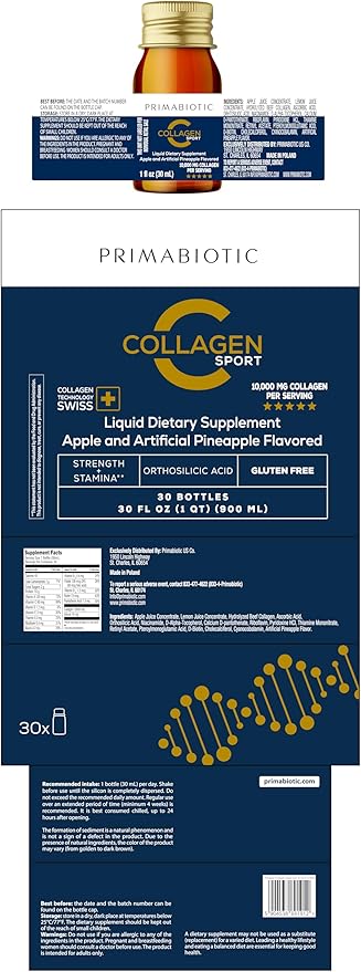 PRIMABIOTIC Liquid Collagen Sport- High Collagen Content [10,000 Mg] Per Serving - Hydrolyzed Collagen Drink and 12 Vitamins Orthosilicic Acid | Helps Bone Health, Hair, Nails | (30 Bottles x 30 ML)