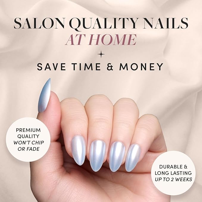 Glamnetic Press On Nails - Something Blue | Short Almond Fake Nails, Baby Blue with a Glossy Glazed Finish, Salon Quality | 15 Sizes - 30 Nail Kit with Glue