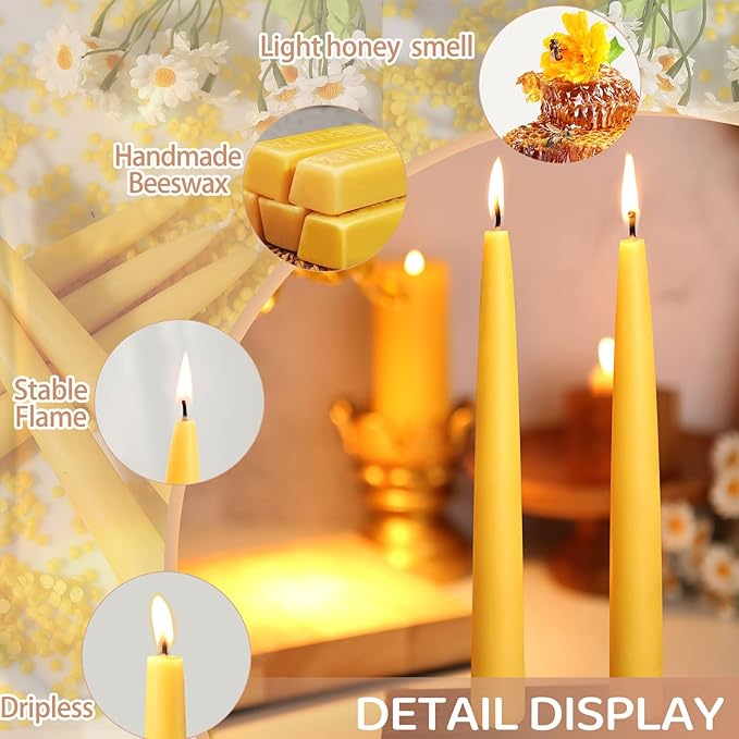 Beeswax Taper Candles,8in Pure Beeswax Candles Bluk-6 Pcs,8 Hours Long Burning Bees Wax Candle for Home,Dripless Smokeless Taper Candle Sticks for Prayer,Party,Unscented Natural Taperd Candles