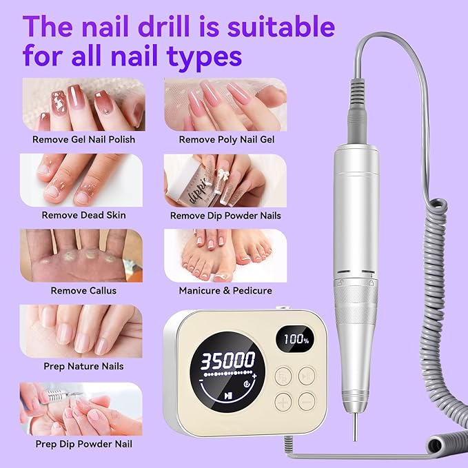 Makartt Electric Nail Drill: Rechargeable Nail Drill Machine 35000RPM, Adelise Ultra Smooth Portable E File Nail Grinder with Nail Bit