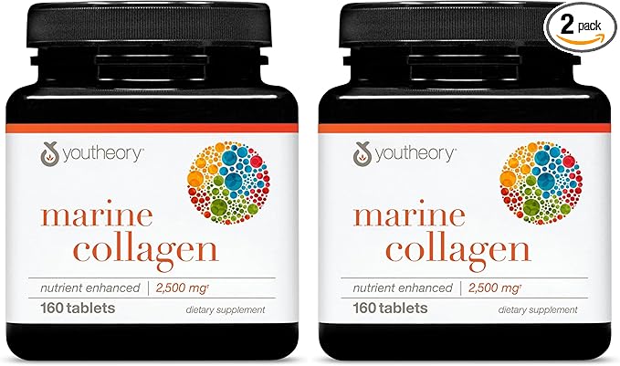 Youtheory Marine Collagen - 2,500 mg Hydrolyzed Collagen - Supports Skin* - Fish-Sourced Supplement with Vitamin C, A, E, B6, B12 & More - Highly Digestible & Absorbable - 160 Tablets (Pack of 2)