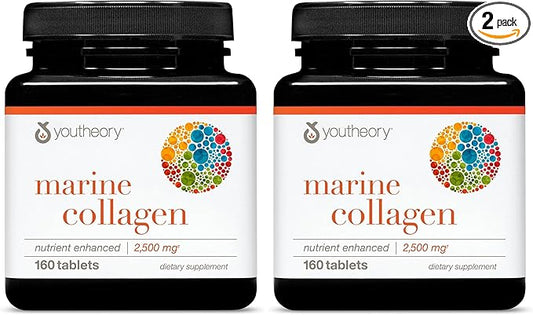 Youtheory Marine Collagen - 2,500 mg Hydrolyzed Collagen - Supports Skin* - Fish-Sourced Supplement with Vitamin C, A, E, B6, B12 & More - Highly Digestible & Absorbable - 160 Tablets (Pack of 2)