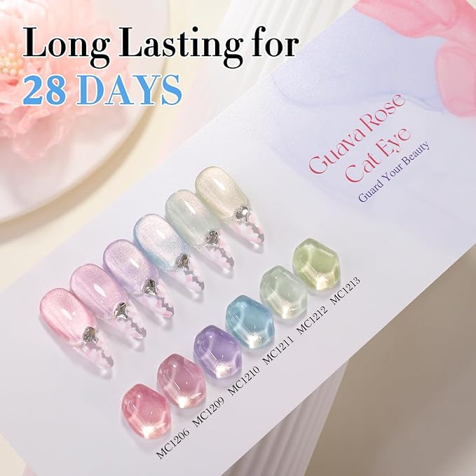 Double Rhythm Cat Eye Gel Nail Polish Set of 6 Same Color Same Bottle 0.5 Oz Shimmer Glitter with Magnet Holographic Reflective Magnetic UV Nail Polish Kit at Home (Rose Green Pink Purple-T6-46)