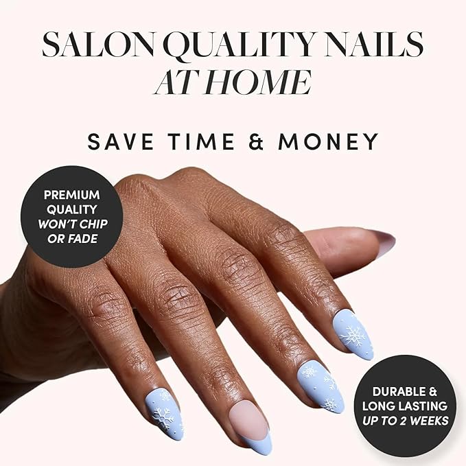 Glamnetic Press On Nails - Snow Bunny | Short Almond Fake Nails in Pale Blue with French Tips & 3D Snowflake Designs in a Matte Finish, Salon Quality Winter Nails | 15 Sizes - 30 Nail Kit with Glue