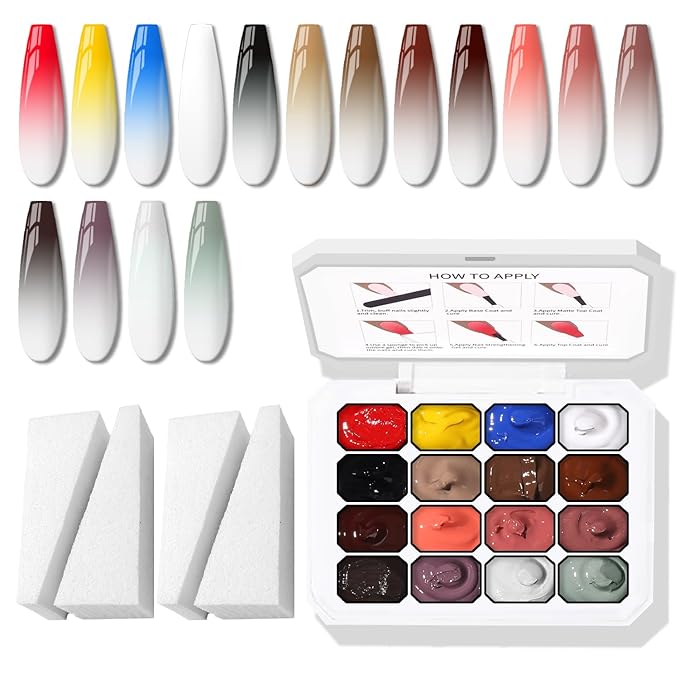 Sponge Pat Paint Nail Gel, Ombre Nails Gradient Gel Nail Blush Blooming Aura Nails Drawing Stripper Floral Painting DIY Nail Art, No Wipe, UV/LED Curing (16 Colors C)