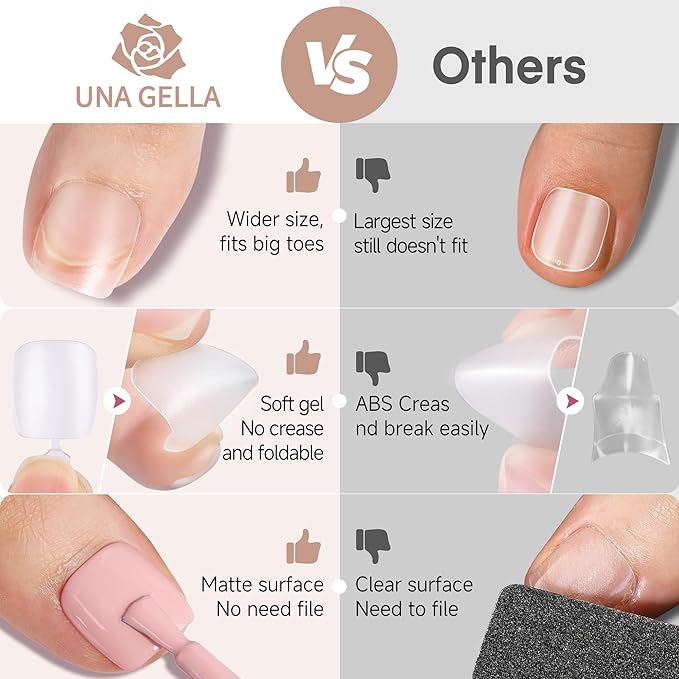 UNA GELLA Toe Nail Tips 504Pcs - Full Cover Matte Squavol Toe Nails Soft Gel Pre-file Gel Toe Nail Tips For Toe Nail Extensions Home DIY Nail Salon Soak Off 15 Sizes