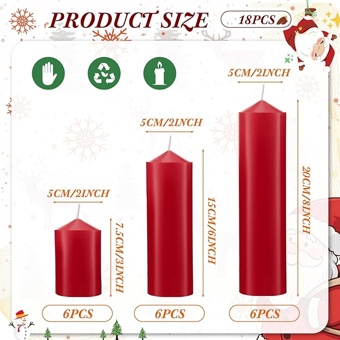 MTLEE 18 Pcs Set of 3 Pillar Candles Bulk 2 in x 3, 6, 8 Long Burning Clean Unscented Smokeless Pillar Candles for Wedding Emergency Lanterns Ceremony Party(Red)