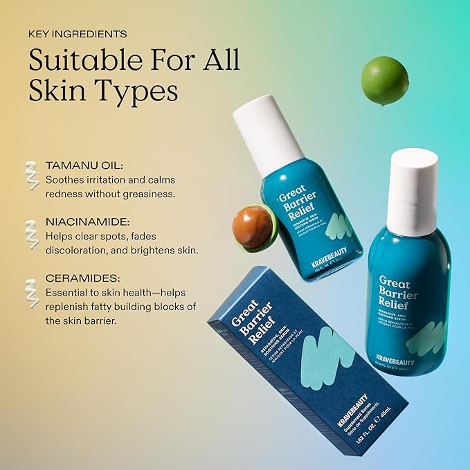 KraveBeauty New Great Barrier Relief, Soothing Skin Barrier Repair Serum, Contains Tamanu Oil to Soothe and Calm Redness, For All Skin Types, Vegan & Cruelty Free, 1.52 fl oz
