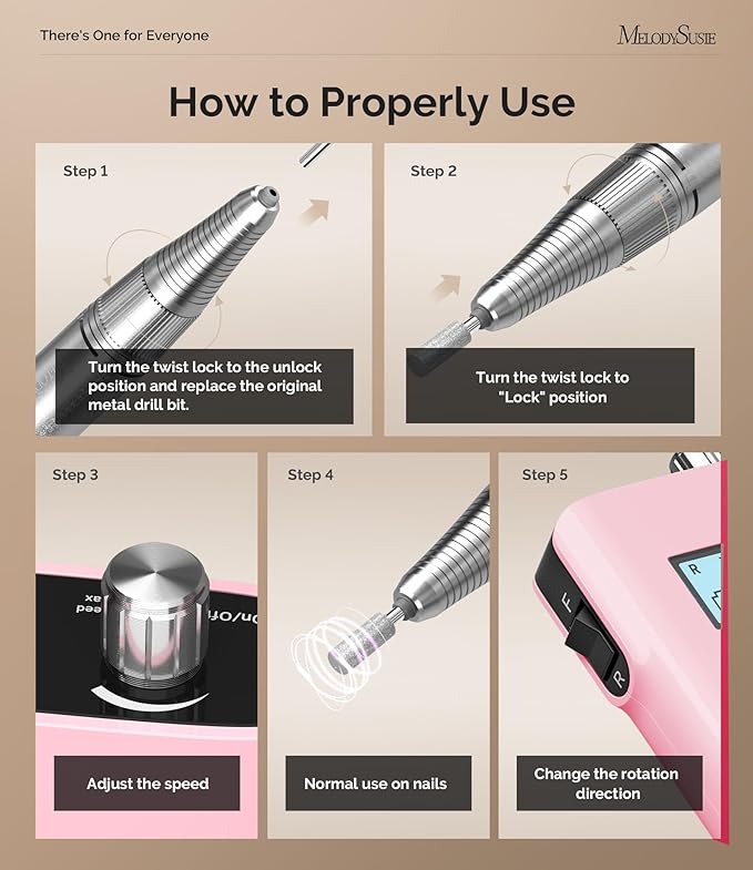 MelodySusie Professional Nail Drill, 30000 RPM Rechargeable Electric E File, SC320H Acrylic Gel Grinder Tools,Portable Nail Drill with 6 Bits Efile for Gel Nails Removing Manicure Pedicure Salon