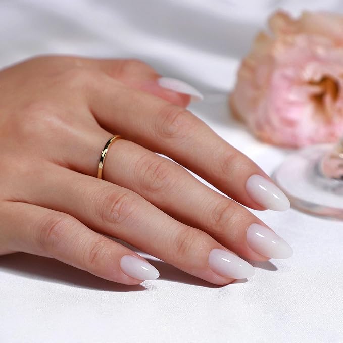 White Press on Nails Short - Soft Gel Almond Press on Nails for Women Gift, Fit Perfectly & Natural Glue on Nails in 16 Sizes - 32 Reusable Fake Nails with Glue, Milky White