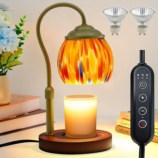 Candle Warmer Lamp with Timer, Dimmable Wax Warmer Lamp with 2 Light Bulbs, Height Adjustable Stained Glass Lamp Candle Warmer for Jar Candles, Home Room Decor, Gifts for Women Mom