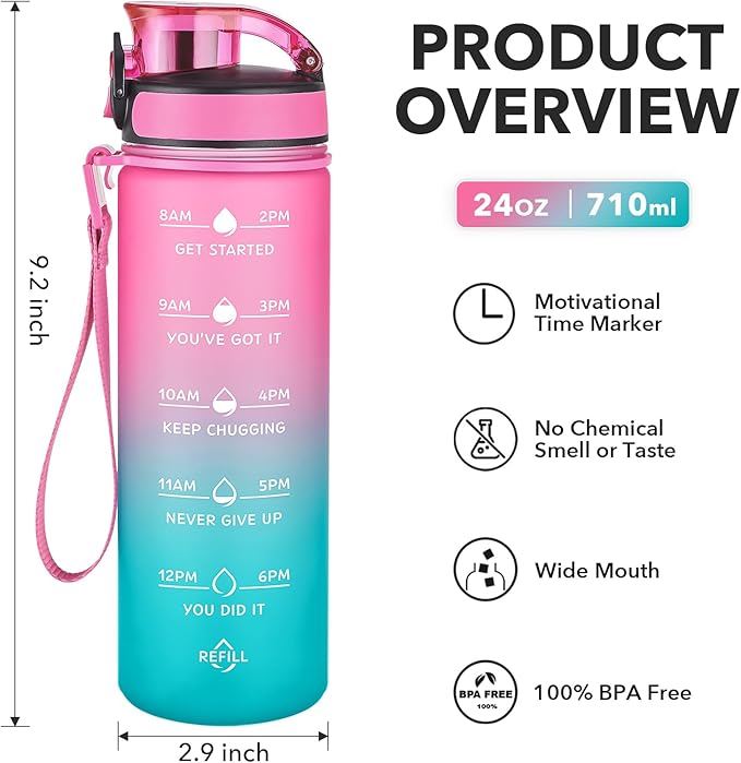 Enerbone Water Bottle, Leakproof BPA & Toxic Free, Motivational Water Bottle with Times to Drink and Straw, Fitness Sports Water Bottle with Strap for Office, Gym, Outdoor Sports