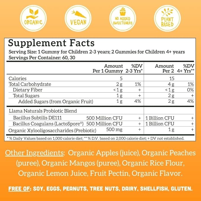 Llama Naturals Kids Probiotic with Prebiotic Fiber, Vegan, Organic Prebiotics and Probiotics Gummies for Gut Health Support, Toddler Real Fruit Gummy Vitamins, No Added Sugar Cane, Peach Mango, 60 Ct