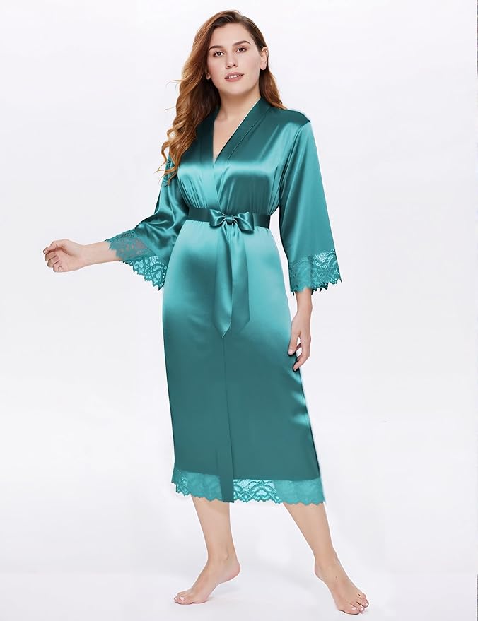 BABEYOND Satin Kimono Robe Silky Long Bridesmaid Wedding Lightweight Bath Robe with Lace Trim