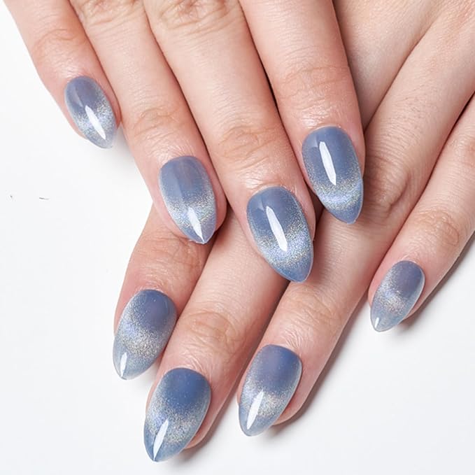 GLAMERMAID Blue Cat Eyes French Tip Press on Nails Short Almond, Rainbow Magnet Handmade Gel Fake Nail Kit, Ombre Glitter Magnetic Glue on Nail Stiletto, Medium Oval Stick on False Nail Set for Women