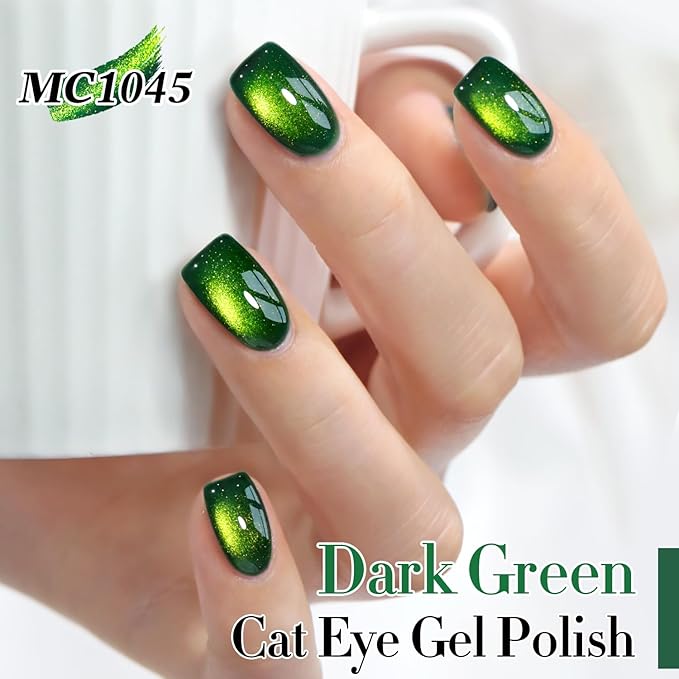 Double Rhythm Cat Eye Gel Polish with Magnet 15ML Holographic Glitter Shimmer Translucent Sheer Color Glass Magnetic Gel Polish Salon DIY at Home (Dark Green-MC1045)