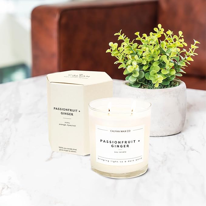 Calyan Wax Co. Passionfruit & Ginger 2 Wick Scented Candle - 37 Hour Burn - Luxury Non Toxic Soy Wax Candles - Long Lasting Large Glass Jar Candle for Home - 8.8oz