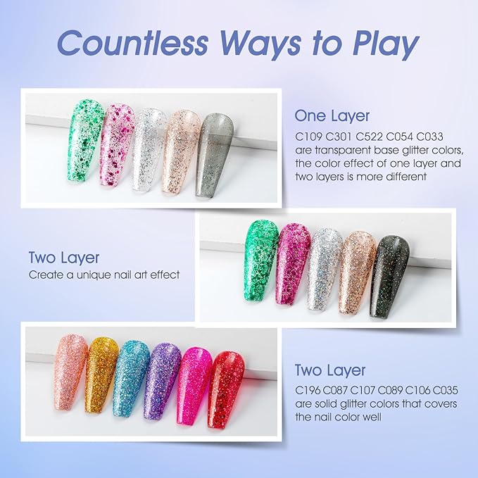 ROSALIND Glitter Christmas Gel Nail Polish, 12 Colors Red Sparkle Green Glitter Gold Silver Gel Polish Sparkly Hot Pink Winter Nail Polish Collection for Nail Art Gift Need UV Curing