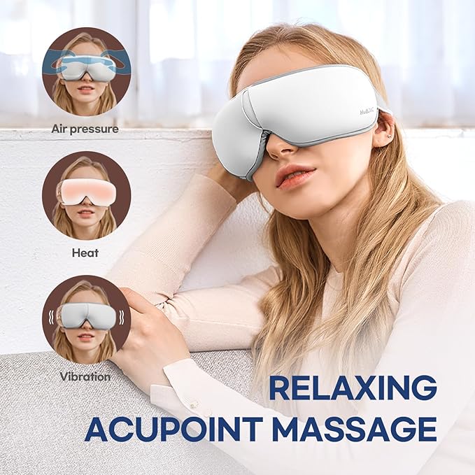 HubiCare Eye Massager with Heat, Vibration, and Music Helps Relieve Strain, Dark Circles, Dryness, and for Migraine Relief Relaxation and Better Sleep Gifts for Women/Men (White)