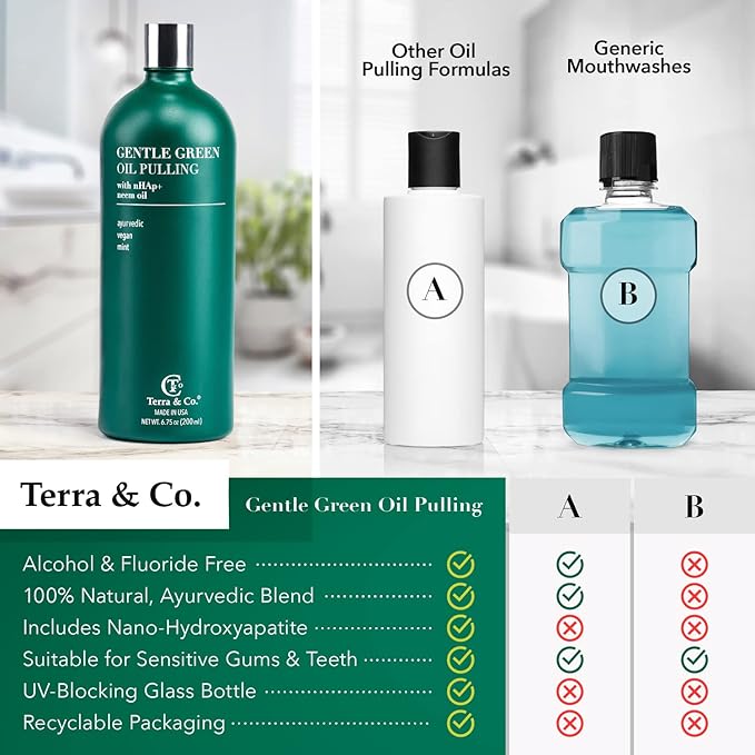 Terra & Co. Gentle Green Oil Pulling for Teeth and Gums - Vegan Natural Mouthwash No Alcohol or Fluoride to Improve Oral Health - Made with Cold Pressed Plant Oils and Nano Hydroxyapatite | 6.75 oz