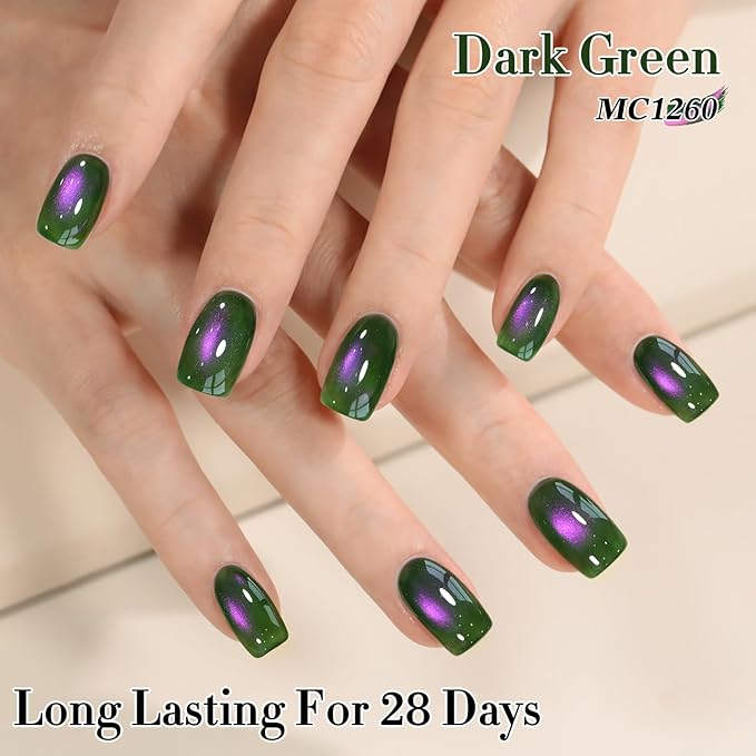 Double Rhythm 0.5 OZ Cat Eye Gel Polish with Magnet 15ML Holographic Glitter Shimmer Translucent Jelly Color Magnetic Nail Polish Salon DIY at Home (Green Pink-MC1260)