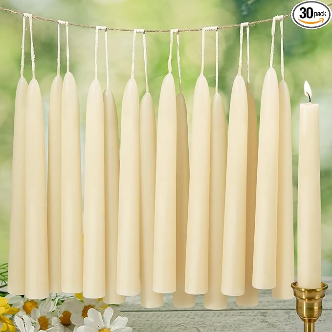 30 Pack Beeswax Taper Candles in Bulk 8 inch Tall - All Natural White Beeswax Candle Sticks,100% Pure Unscented Bee Wax Candle for Home, Dripless, 8 Hours Long Burning Time