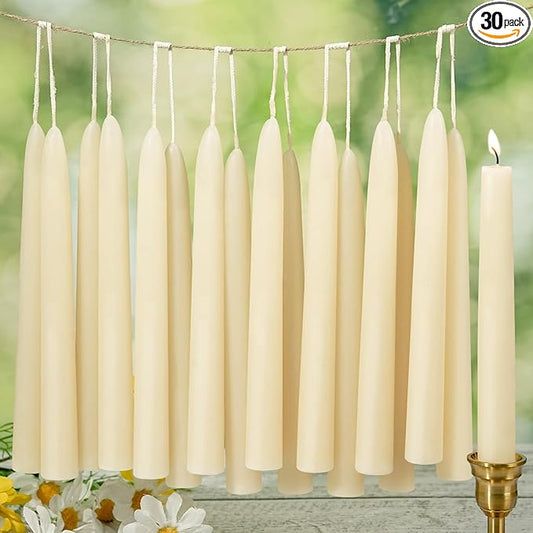 30 Pack Beeswax Taper Candles in Bulk 8 inch Tall - All Natural White Beeswax Candle Sticks,100% Pure Unscented Bee Wax Candle for Home, Dripless, 8 Hours Long Burning Time