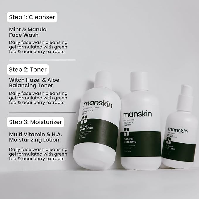 Natural Outcome Mens Skin Care Kit | Mens Facial Care Kit for Men Skincare | Anti-Aging Daily 3 Step Face Care Regimen Includes: Rejuvenating Facial Cleanser, Balancing Toner, & Hydrating Moisturizer