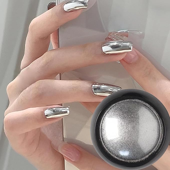 Holographic Mirror Nail Powders Chrome Silver Effect Pure Metallic Dust Sequins UV Gel Nail Chrome Pigment for Nail Art Decoration,Silver Chrome Nail Powder