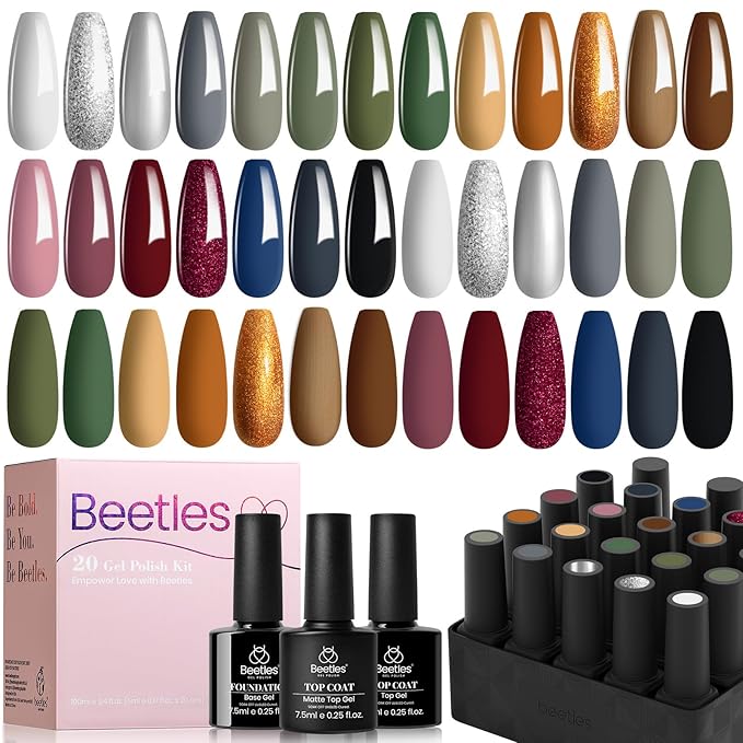 Beetles Winter Gel Nail Polish Set：23 Pcs Burgundy Brown Gold Nude Pink Black White Glitter Gel Polish Kit with Base Matte Glossy Top Coat Soak off UV Gel Nail Polish for Women