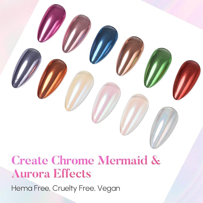 AIMEILI Pearl Chrome Nail Powder, Vegan, Cruelty Free, 12 Colors Aurora Metallic Holographic Mirror Effect Nail Art Pigment Iridescent Shell Glitter Nail Art