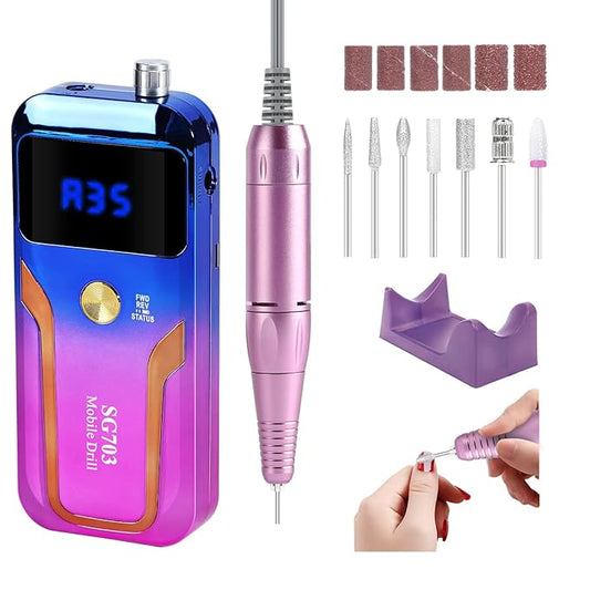 Portable Nail Drill Professional 35000 RPM, MOCOWIND Rechargeable Electric Nail File Machine for Acrylic Gel Polishing Removing, Cordless E-File with Bits Kit for Manicure Salon Home, Blue & Purple