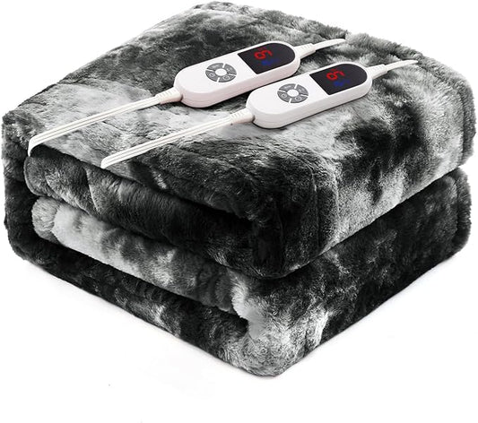 Electric Heated Blanket 84"x90",Luxury Black Faux Fur Electric Blanket ，Fast Heating Soft Fluffy Thick Electric Blanket with 10 Heating Levels & 12H Auto Off