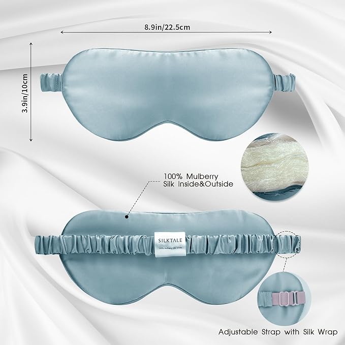 Mulberry Silk Blackout Adjustable Sleep Eye Mask for Men/Women Travel Plane,Pale Blue
