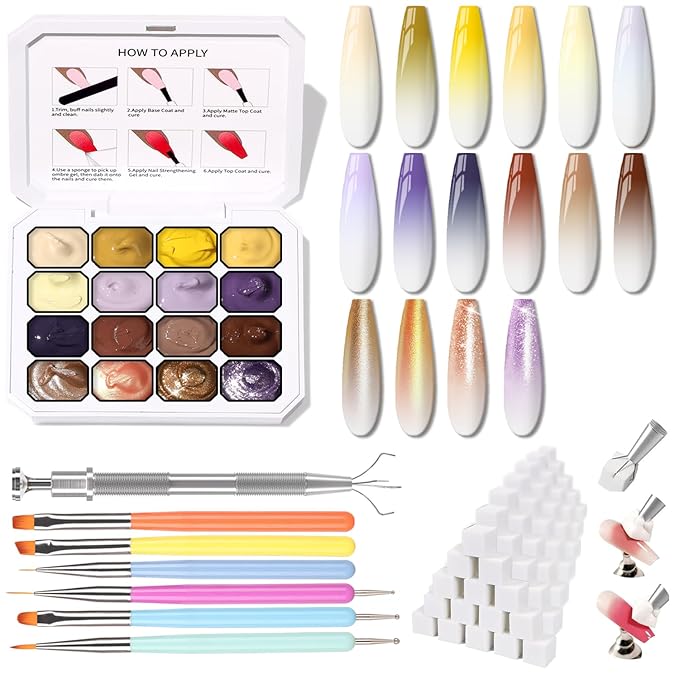 Glitter Pat Gel Nail Polish Palette, 16 Colors Blending Ombre Gel Polish Patting Gradient Painting Nails Art, No Wipe, UV/LED Cured, Aurora Chrome Holographic (Set 04)