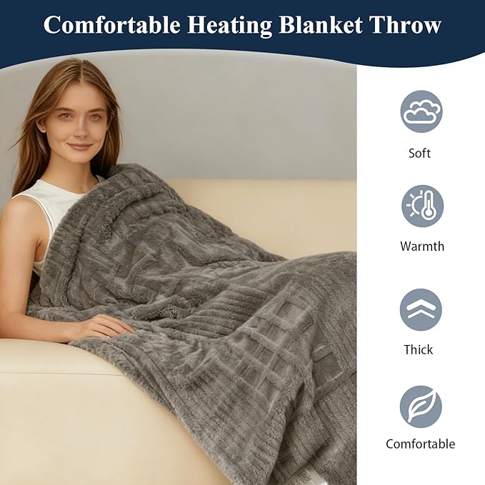 Heated Blanket Electric Throw, 50"X60" Heating Blanket Waffle with 12 Heat Levels, Fast Heating Blanket with 1-12 Timer, Overheat Protection with ETL & FCC for Bed Home Office Sofa (Light Gray）