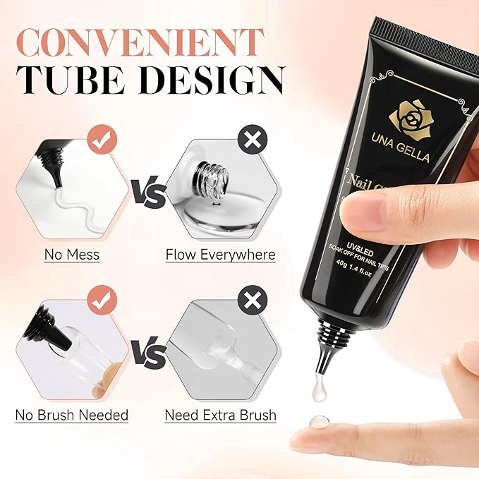 UNA GELLA Gel Nail Glue, Solid Nails Gl ue Gel 40ml Lamp Curing Needed Soak Off G LUE Strong Nail G LUE G el for Acrylic Fake Nails Tips Extension Press On Nails for Gelly Tips