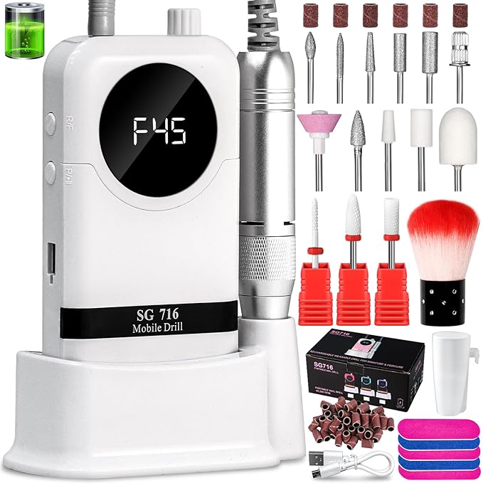LIMEGIRL Professional Electric Nail Drill Kit 45000RPM Portable Cordless Toenail Cordless Toenail Machine with 14 Drill Bits and Base for Women (White)