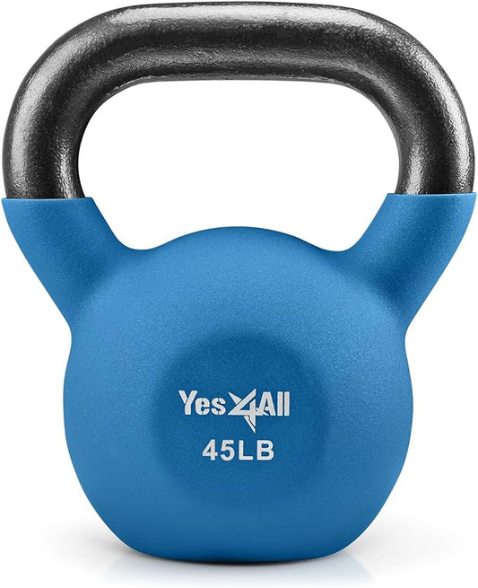 Yes4All Kettlebell, 5-65 LB Neoprene Coated Cast Iron Kettlebells, Wide Grip Handle & Flat Bottom for Swings, Squats, Deadlifts, Push Ups & Full Body Training at Home Gym - Single & Set