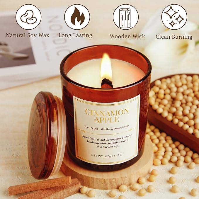 Holiday Candle Gift Set–2 Pack Wood Wick Cinnamon Apple Scented Candles,Long Lasting Natural Soy Wax Candles with Gift Boxes,Cozy Fall Aromatherapy Candle for Home Decor,Thanksgiving&Christmas Gifts