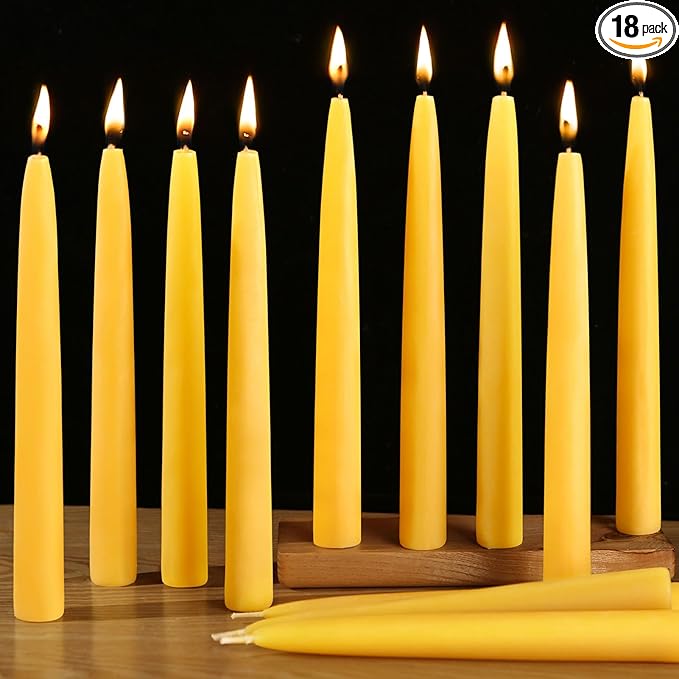 18 Pack Beeswax Taper Candles, 8 in Dripless Pure Beeswax Candle Sticks,8 Hours Long Burning Natural Bees Wax Candles for Home,Unscented Smokeless Tapered Candlesticks for Dinner