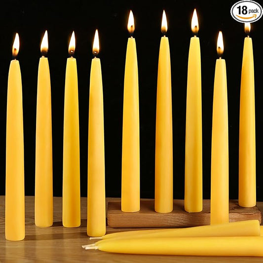 18 Pack Beeswax Taper Candles, 8 in Dripless Pure Beeswax Candle Sticks,8 Hours Long Burning Natural Bees Wax Candles for Home,Unscented Smokeless Tapered Candlesticks for Dinner