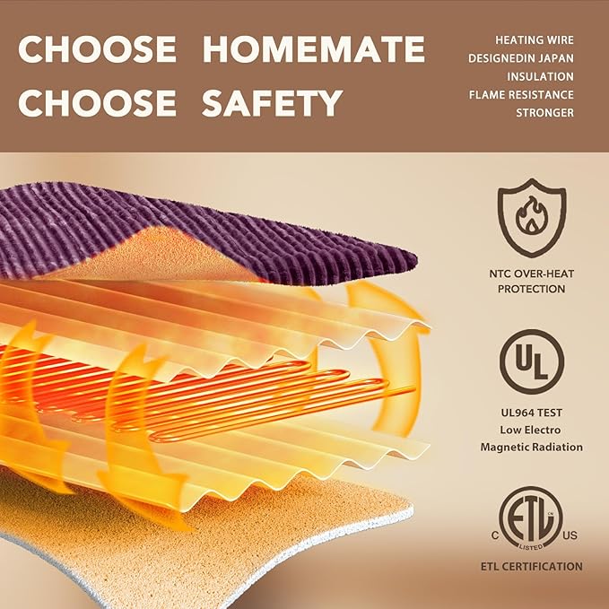 Homemate Electric Heated Blanket Queen Size - 84"x90" Heating Blanket Queen Size Dual Control 1/2/4/6/8 Hours Auto-Off 10 Heat Level Over-Heat Protection Soft Flannel Sherpa ETL Certification