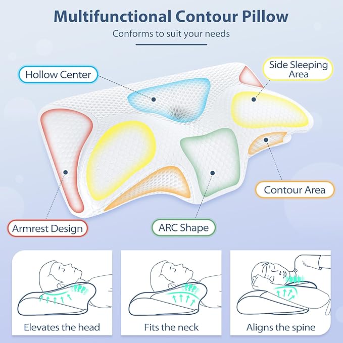 HOMCA Cervical Pillow, Ergonomic Memory Foam Pillow for Neck and Shoulder Pain Relief with Cooling Ice Silk Pillowcase, Orthopedic Neck Bed Pillow for Side, Back and Stomach Sleepers
