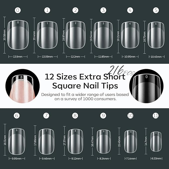 modelones Extra Short Square Nail Tips, Pre-shaped Soft Gel Tips Fake Nails False Acrylic Clear Full Cover Press on Extension Kit Gel Manicure DIY at Home 216PCS 12Sizes